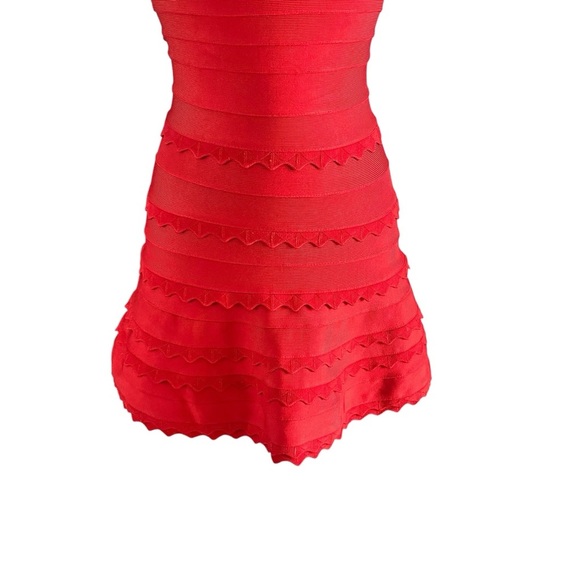 Herve Leger Red Fit and Flare Strapless Scalloped Bandage Dress Size Medium - Picture 3 of 15